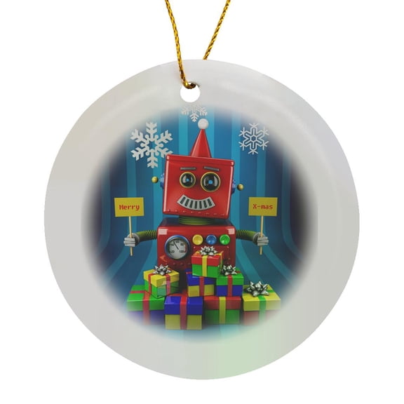 3drose, Toy Robot Celebrating Christmas with Presents, Circle Porcelain Ornament