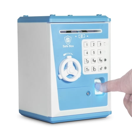 Toy Safe Box, Electronic ATM Piggy Bank, Money Coin Savings Bank, Finger Print Scanner Lock, Great Gift for Children Kids Blue