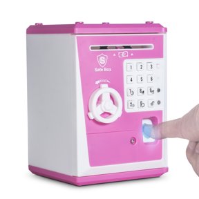 Toy Safe Box, Electronic ATM Piggy Bank, Money Coin Savings Bank, Finger Print Scanner Lock, Great Gift for Children Kids Pink