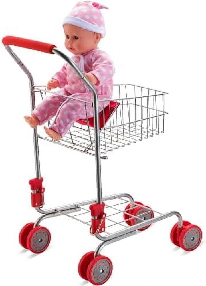 Toy Shopping Cart for Kids, Toy Grocery Cart for Toddlers 3 Years and up, Shopping Cart Toy Foldable, Metal Frame, Red