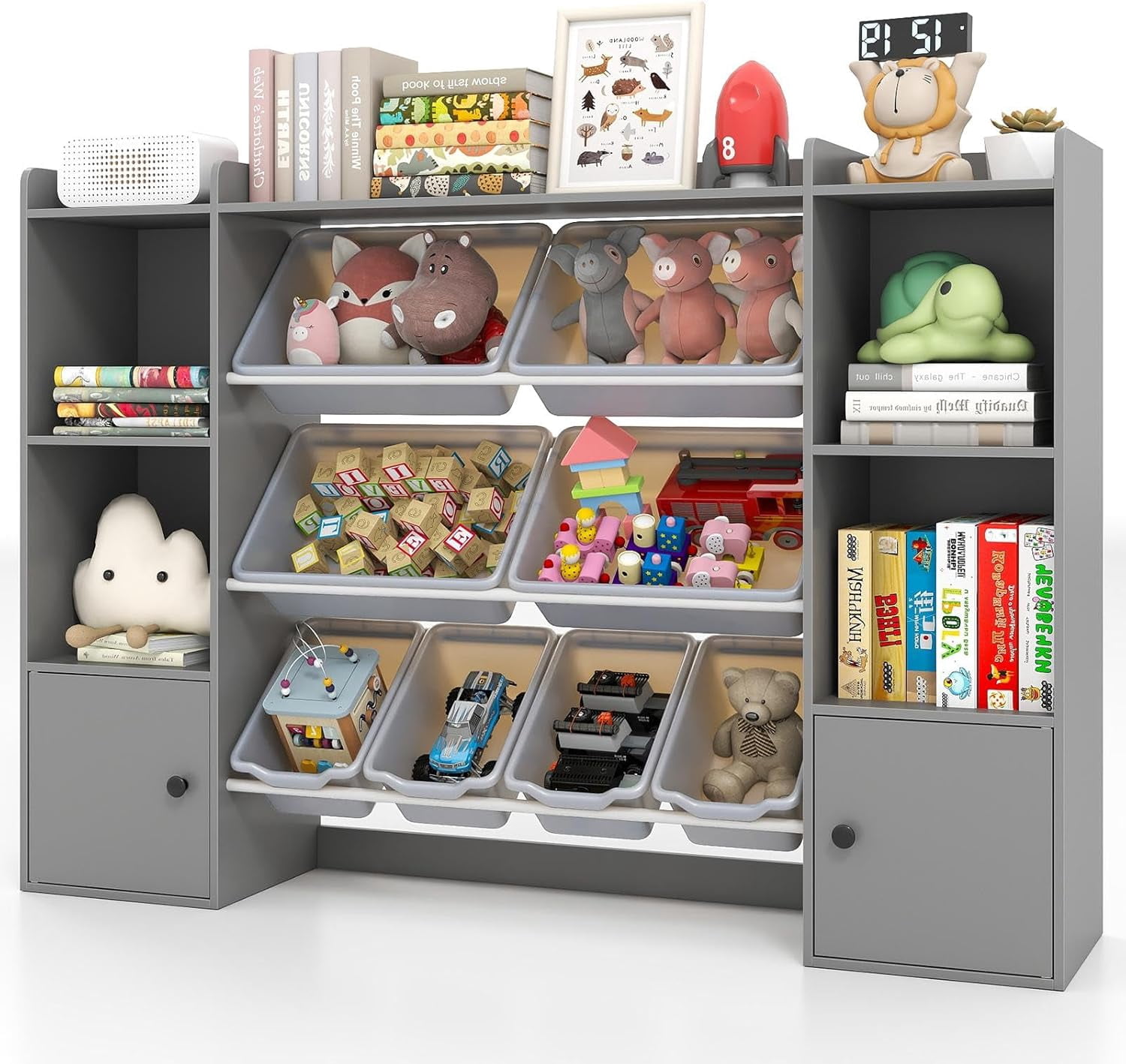 Toy Storage Cabinet, 4-Tier Kids Storage Organizer with 8 Movable Bins ...