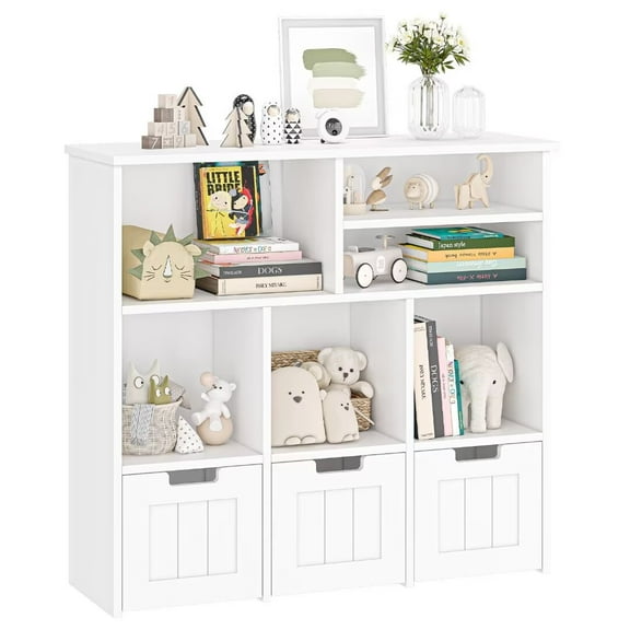 Toy Storage Cabinet with 3 Movable Drawers & Hidden Wheels, Kids Bookcase Bookshelf Floor Storage Organizer