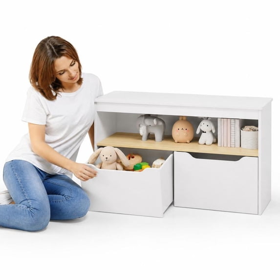 Toy Storage Organizer, 2-Drawer Kids Bookcase and Toy Shelf, White MDF ...