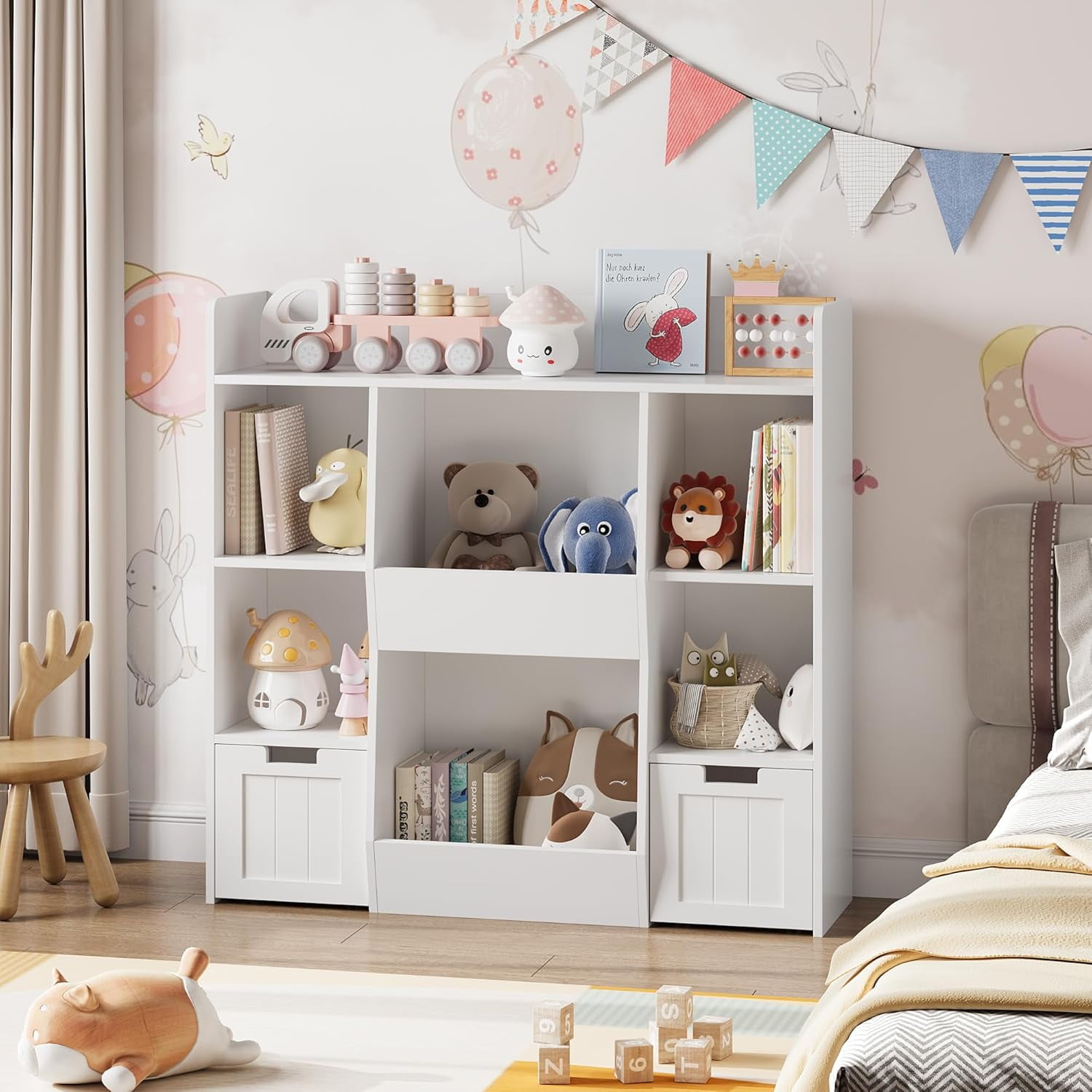 9-Cubby Kids Bookshelf Toy Storage Organizer - White Wooden Bookcase For Playroom, Nursery & Kids Room