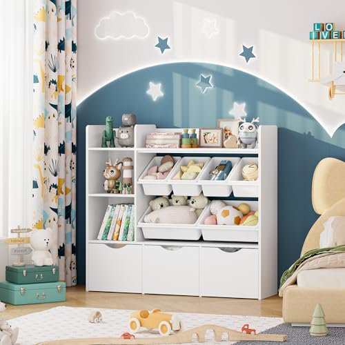 Toy Storage Organizer with 3 Movable Drawers, Kids Bookshelf with 6 Plastic Bins & 2 Storage Cubbies, Toy Chest with Hidden Wheels, Toy Storage Box for Playroom, Classroom, Kids Ro