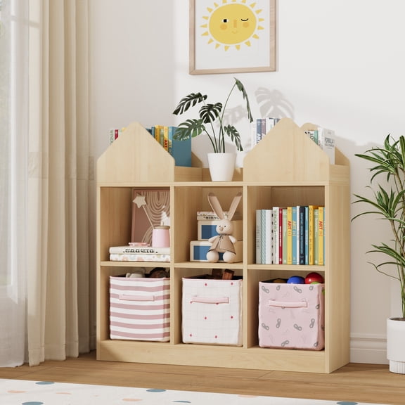 Toy Storage Organizer with 4 Book Racks and 6 Open Cubbies, Castle Design Kids Bookshelf and Toy Storage, Toddler Bookshelf Toy Chest Toy Box for Playroom, Nursery, Daycare, Natural Wood