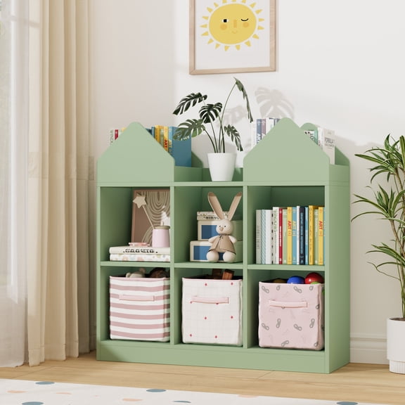 Toy Storage Organizer with 4 Book Racks and 6 Open Cubbies, Castle Design Kids Bookshelf and Toy Storage, Toddler Bookshelf Toy Chest Toy Box for Playroom, Nursery, Daycare, Green