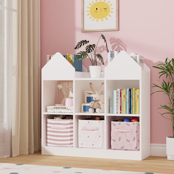 Toy Storage Organizer with 4 Book Racks and 6 Open Cubbies, Castle Design Kids Bookshelf and Toy Storage, Toddler Bookshelf Toy Chest Toy Box for Playroom, Nursery, Daycare, White
