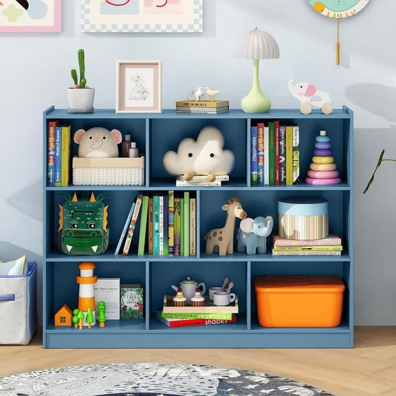 Toy Storage Organizer, 5 Cubby Kids Bookshelf, Wooden 3-Tier Bookcase Storage Cabinet, Open Display Book Shelf for Daycare, Nursery, School Classroom, Living Room (Blue, 8 Cubes)