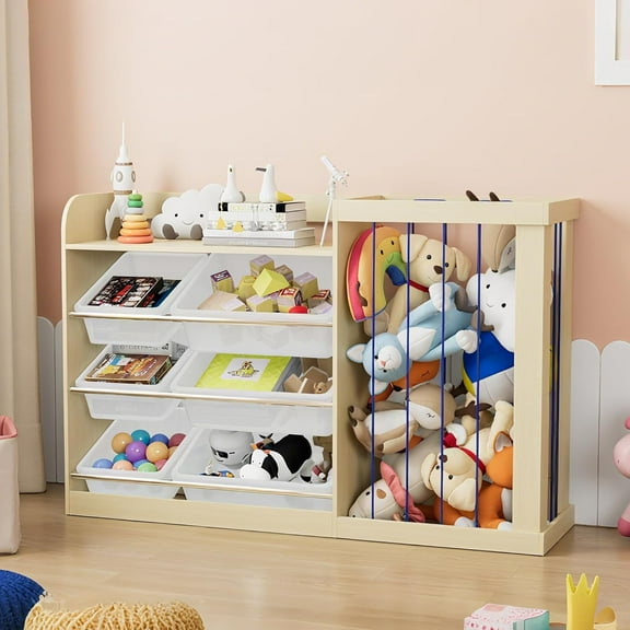 Toy Storage Organizer with 6 Removable Plastic Bins Toddler Montessori Bookshelf with Stuffed Animal Net Holder Bookcase Plush Organizer for Playroom,Bedroom, Room,Classroom