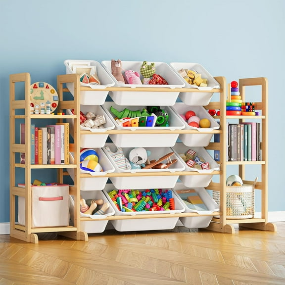 Toy Storage Organizer with 6 Shelves and 12 Bins, Bookshelf/Bookcase, Kids Bin Shelf, Toys Box for Playroom Organization for Bedroom & Room Decor, White, 52.3