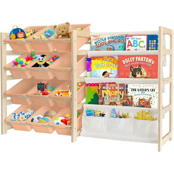 Toy Storage Organizer with Bookshelf - 12 Storage Bins 4-Tier Multipurpose Shelf to Organize Toys and Books for Kids Room, Playroom, Nursery Room, Pink