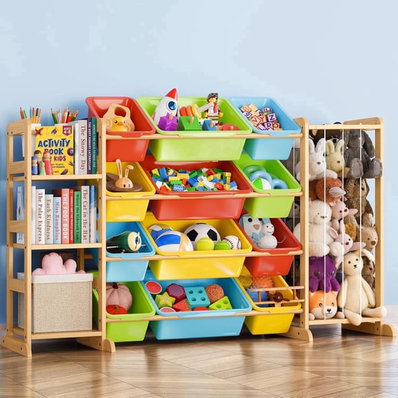 Toy Storage Organizer with Bookshelf and Stuffed Animal Storage - Kids Playroom Organization with Shelves and 12 Toy Bins - Toddler Living Room Toy Box for Lego - Nursery Bedroom Decor Essentials