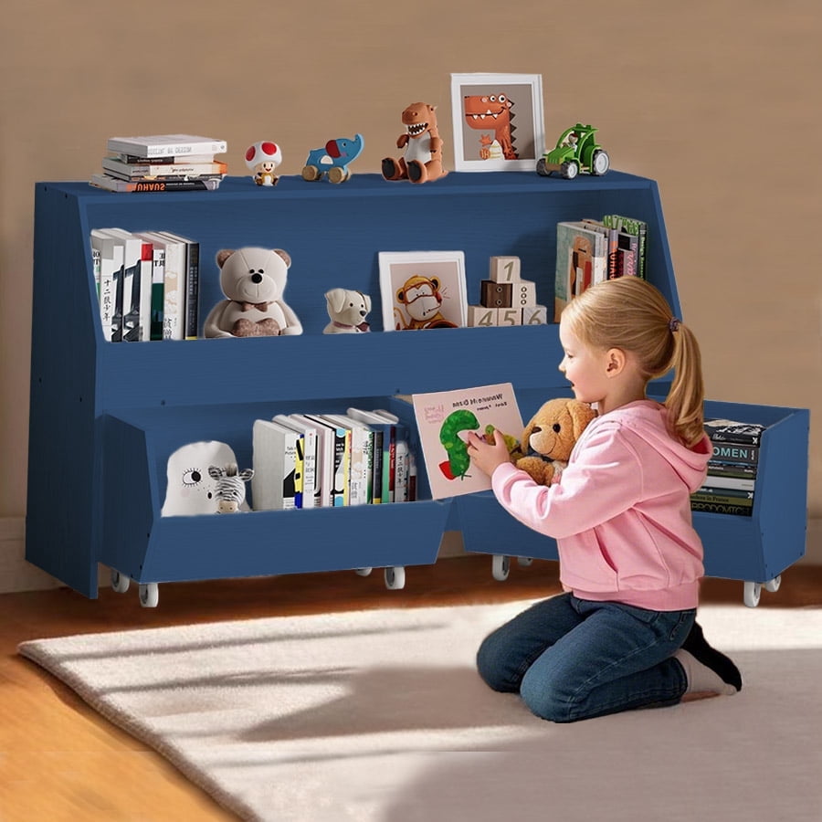 Toy Storage and Organizer  Muti-Functional Bookcase and Storage Bin with Moveable Drawers,2 Ties Storage Carbinet Dark Blue