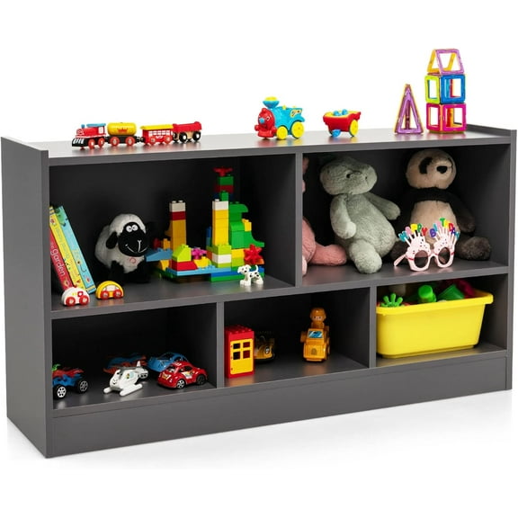 Toy Storage Organizer for Kids, 5-Section School Classroom Storage for Organizing Books Toys, Wooden Kids Bookshelf Daycare Furniture for Preschool, Playroom, Nursery, Kindergarten (Dark Gray)