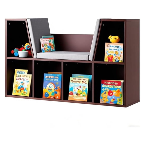 Toy Storage Organizer, Kids Bookshelf with Reading Nook, 6 Cubby Bookcase with Soft Seat Cushion, Toy Storage Bench, Book Shelf for Kids Rooms, Nursery, Living Room, Entryway (Brown)