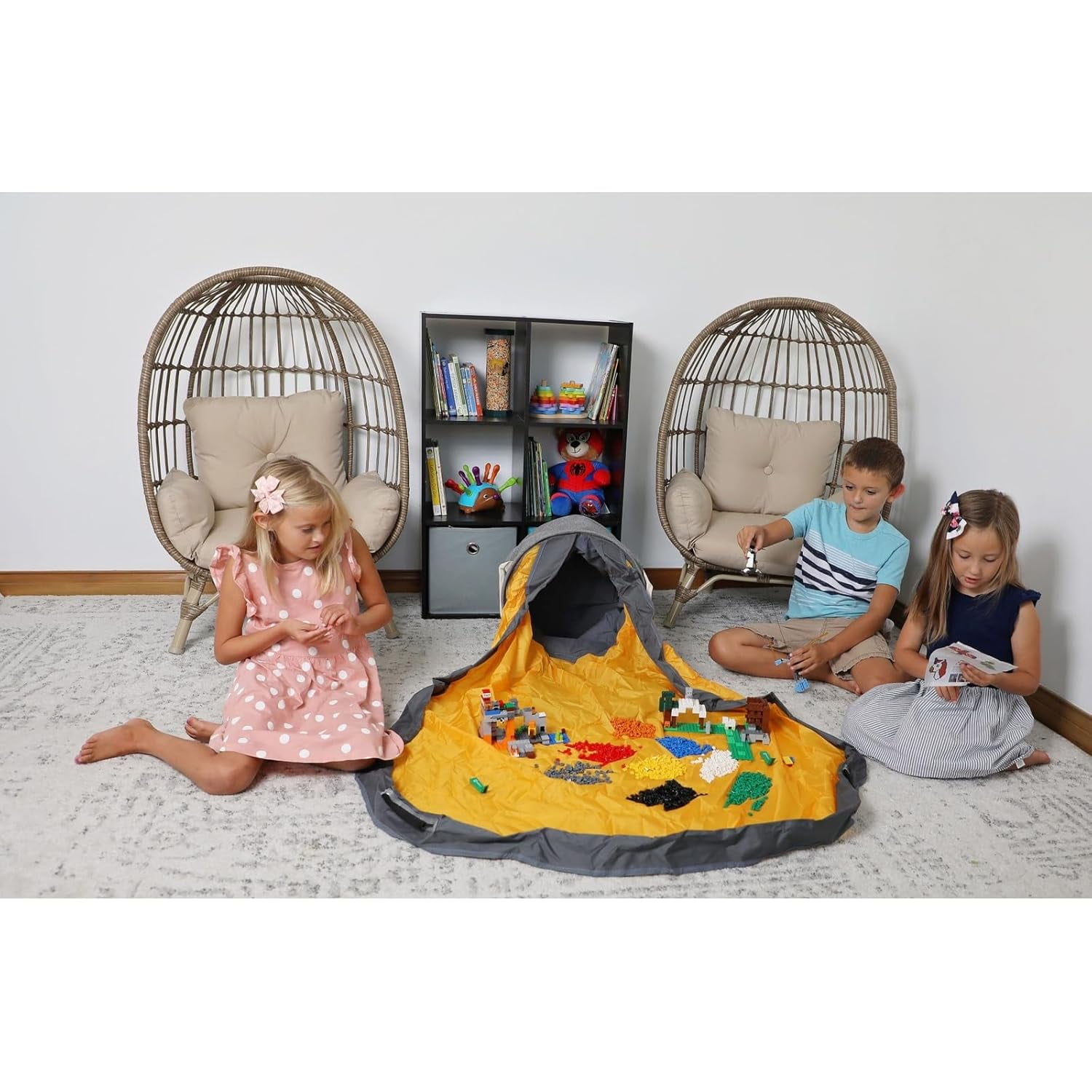 Toy Storage Organizer &  Large 52"  Mat, Collapsible Storage Bins for Building Bricks, Small Blocks, Toys, Drawstring Cleanup for Kids Playroom & Classroom,