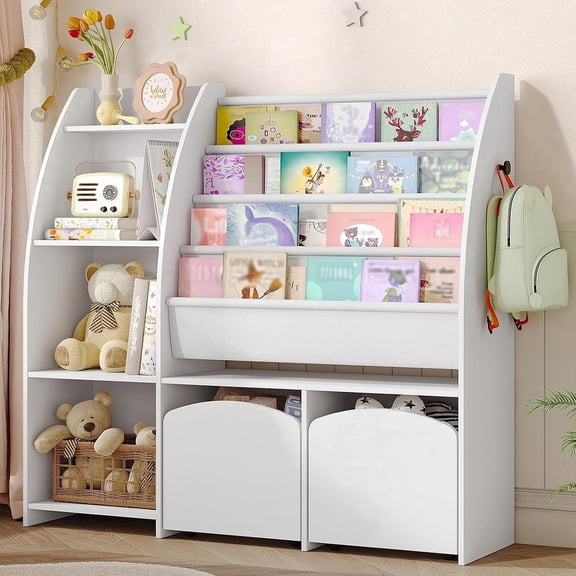 Toy Storage Organizer 4-Tier with Drawers and Cubbies, Kids Bookshelf for Playroom and Bedroom, White