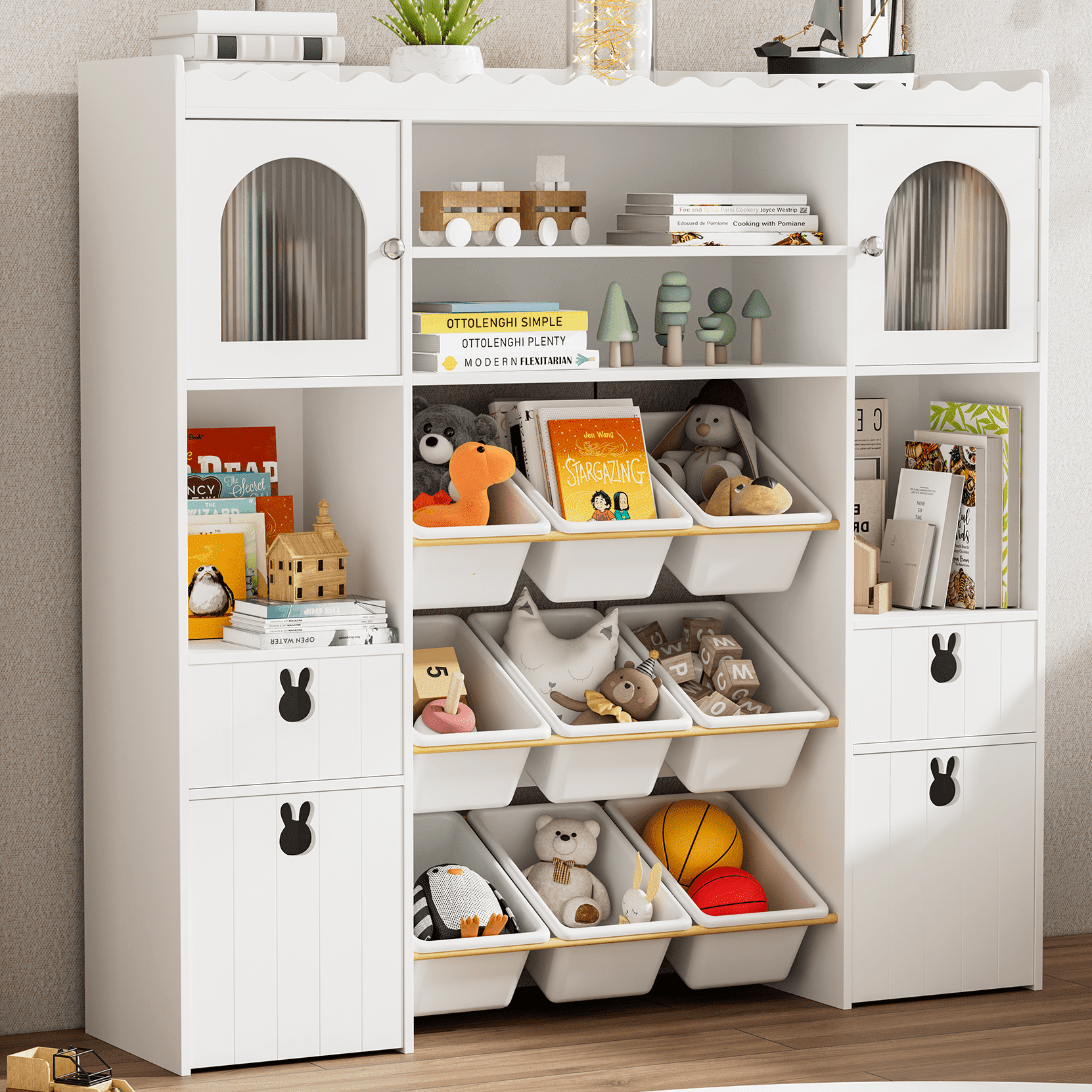 Toy Storage Organizer, Large Toy Storage Chest with Removable Bins, 19 Storage Spaces, Toy Organizer with 2 Movable Drawers and 9 Box Bins, Kids Bookshelf and Bookcase with Drawers for Boys and Girls