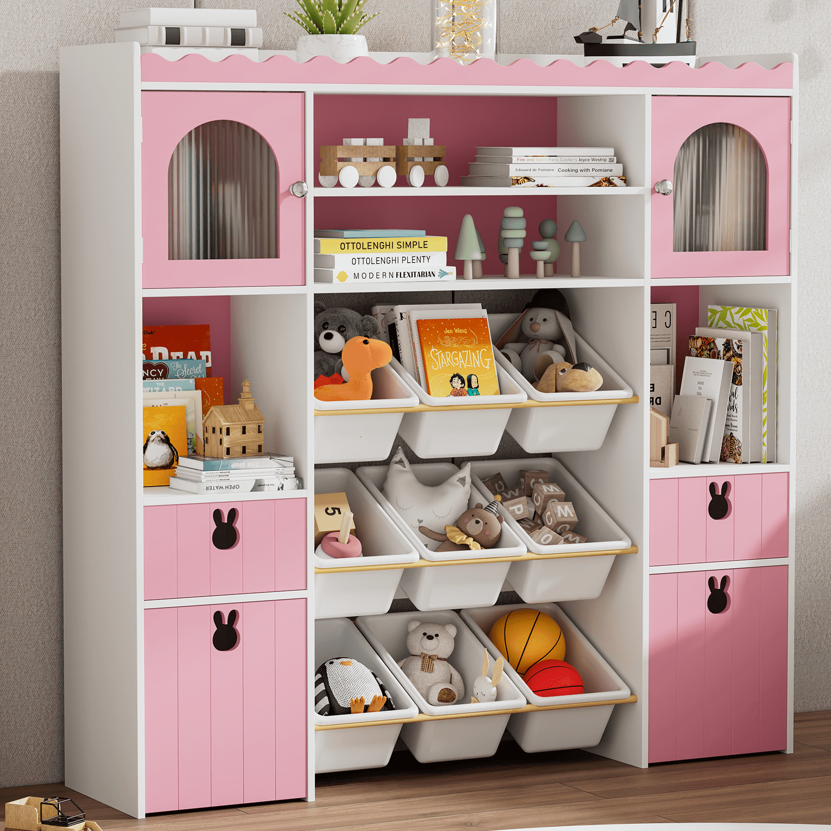 Toy Storage Organizer, Large Toy Storage Chest with Removable Bins, 19 Storage Spaces, Toy Organizer with 2 Movable Drawers and 9 Box Bins, Kids Bookshelf and Bookcase with Drawers for Boys and Girls
