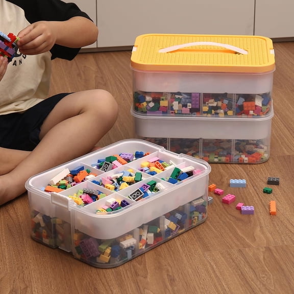 Toy Storage Organizer for Lego Stackable Organizer Bins with Compartments Portable Containers with Lids Building Blocks Miniature Organizer Storage Box Toy Chest Case (Yellow, 3 Layers)