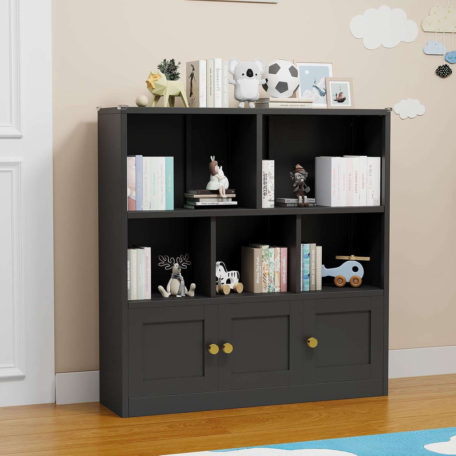 Toy Storage Organizer and Metal Kids Bookshelf with 3 Storage Cabinet and 5 Open Shelves, Multifunctional Display Shelf for Bedroom & Playroom, Ideal for Organizing Books, Toys & Decor, Black