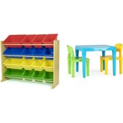 Toy Storage Organizer, Natural/Primary & Aqua Table & Green/Yellow Kids Lightweight Plastic Table and 2 Chairs Set, Square, Toddler