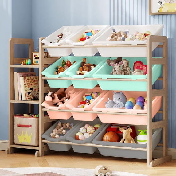 Toy Storage Organizer - Toy Organizers and Storage with Bookshelf, Toy Storage Shelf with 3 Shelves and 12 Storage Bins, Kids Bookshelf and Toy Storage for Kids Room, Playroom, Bedroom, Nursery, Blue