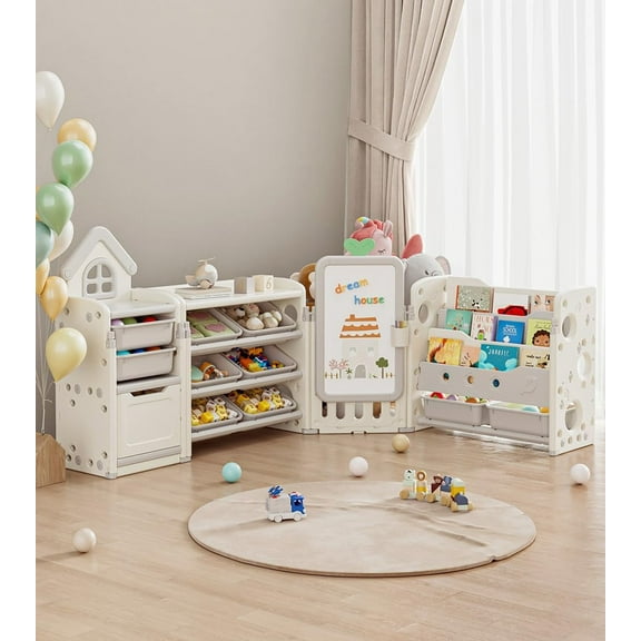 Toy Storage Organizer and Bookshelf for Kids, Akaber Toys Organizer 3 Tier Foldable with 10 Removable Bins & Drawing Board (White, 3 Brushes)