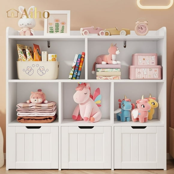 Aiho Toy Storage Organizer, Kids Bookcase of 5 Cubes & 3 Movale Drawers, Kids Geometric Bookcase - White