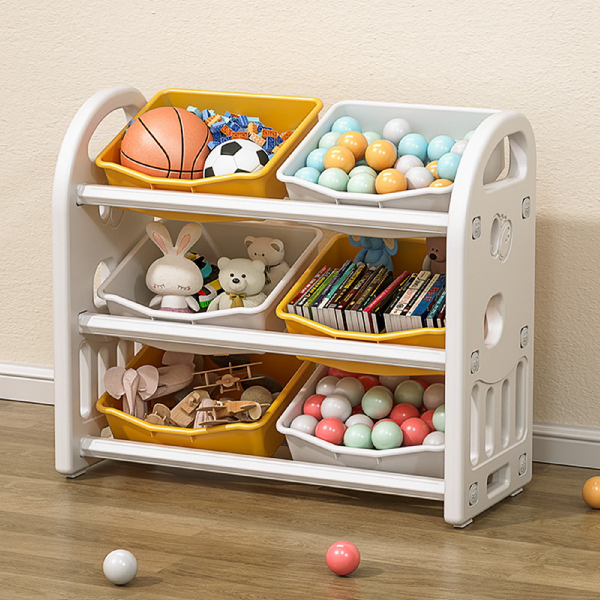 Toy Storage Organizer with 6 Bins,3-Tier Toy Storage Cabinet for Bedroom Playroom,Yellow