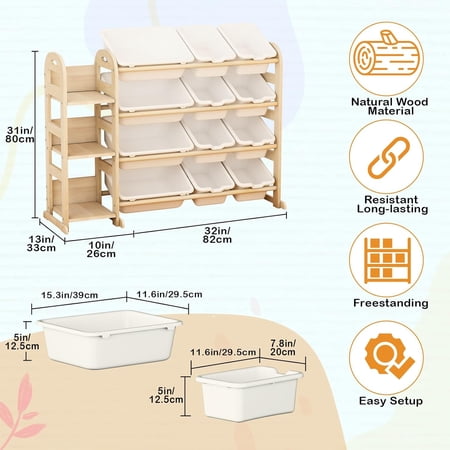 Toy Storage Organizer with Bookshelf, Wooden Kids Shelf with 3 Shelves and 12 Bins for Playroom Nursery Bedroom