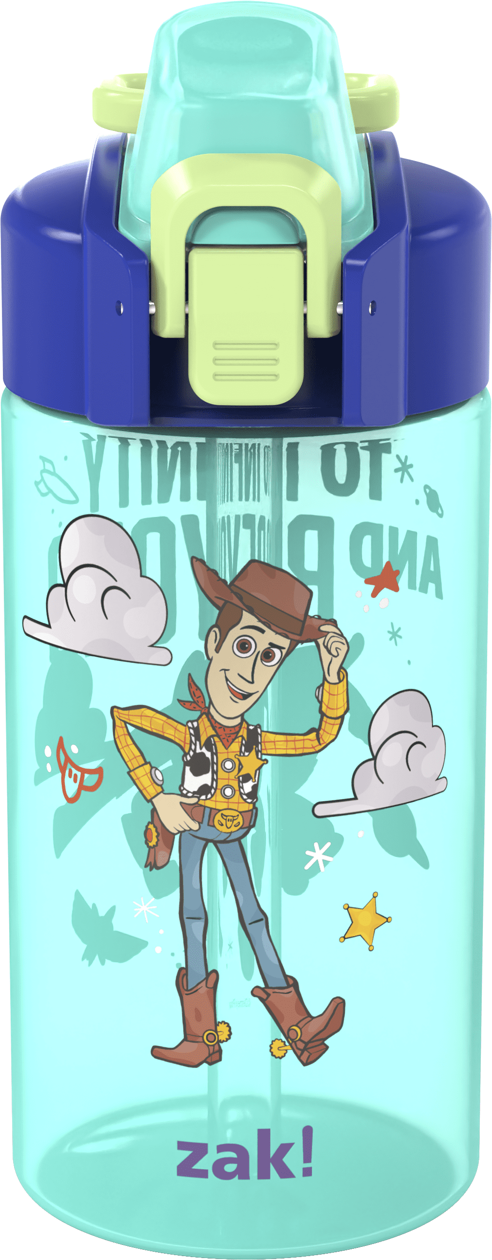 Zak Designs 16oz Toy Story Durable Plastic Jubilation Water Bottle with Folding Handle and Push Button, Locking Lid