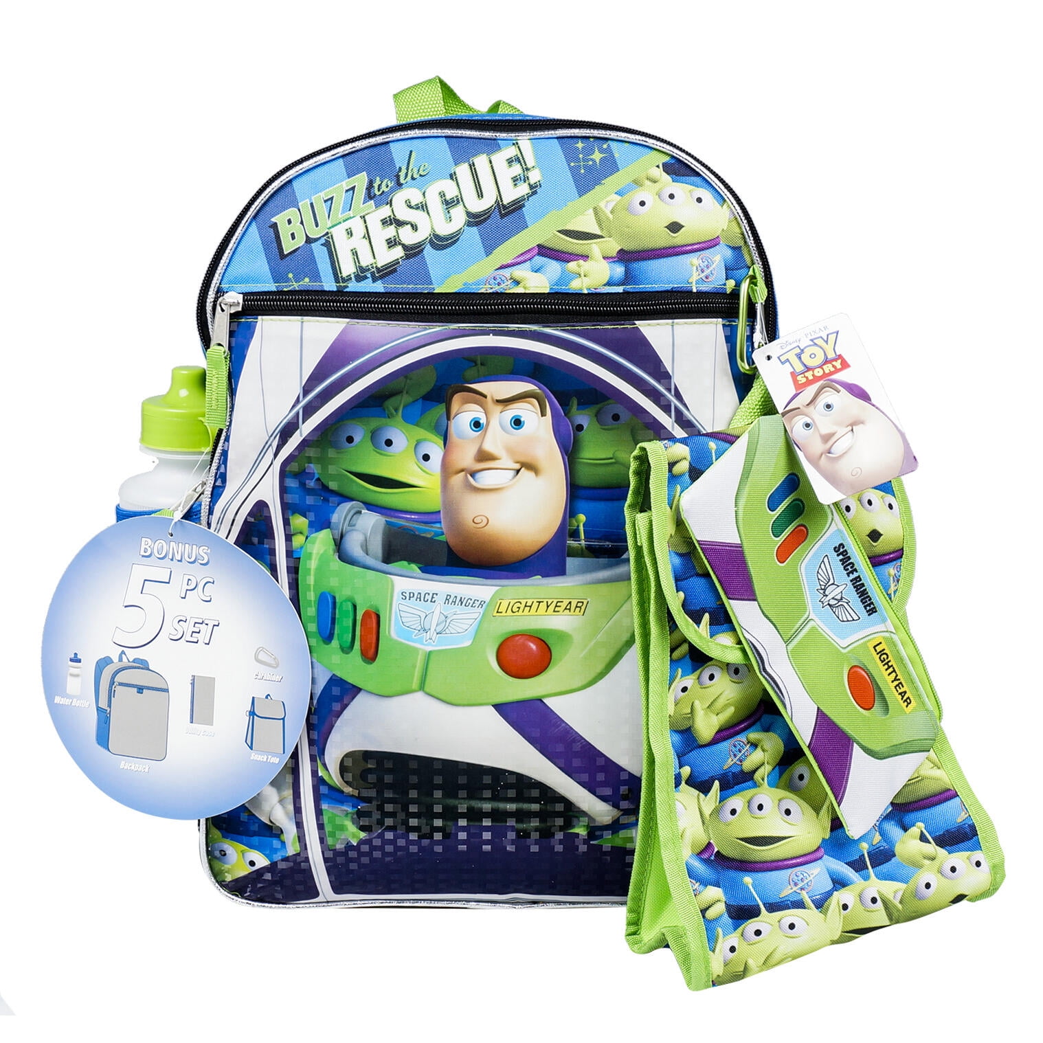 Toy Story 4 5 Piece Buzz Rescue Backpack Set Water bottle Utility case Snack tote Caribiner