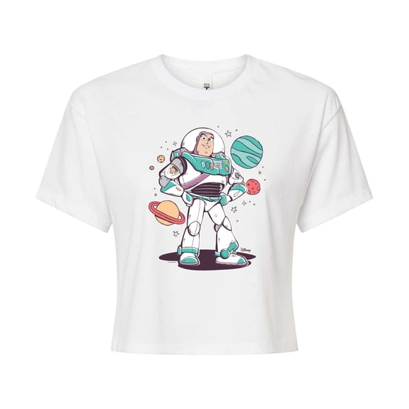 Toy Story 4 - Buzz And Planets Sketchy - Juniors Cropped Cotton Blend T-Shirt