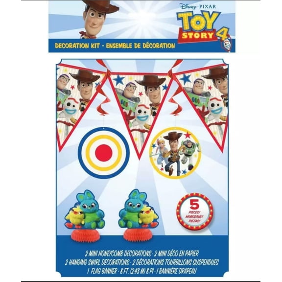 Toy Story 4 Decoration Kit - 2 Mini Homecomb Decorations, 2 Hangling Swirl Decorations and 1 Flag Banner (8 feet)