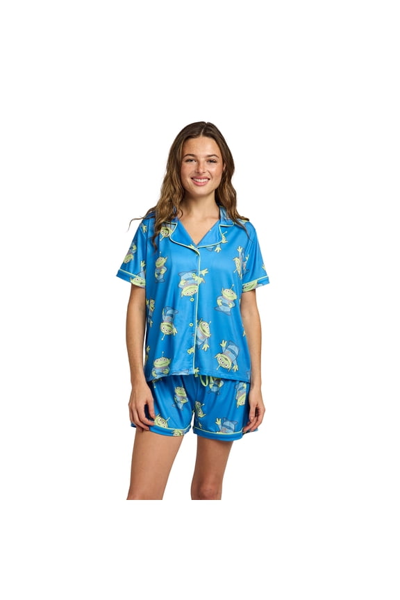 Toy Story Aliens All-Over Print Women’s Notch Collar Button-Down Shirt and Shorts Sleepwear Set -Small