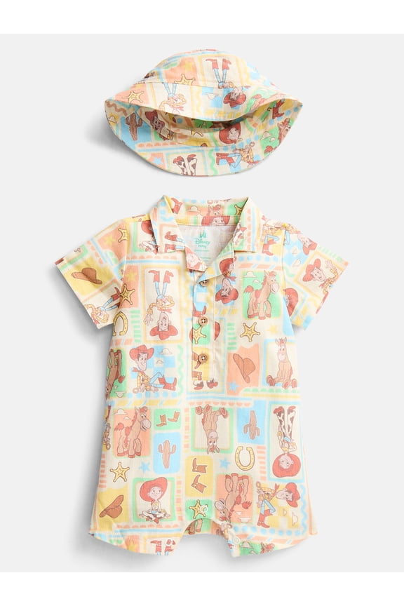 Toy Story Baby Boys' Print Cotton Romper and Bucket Hat Set, 2-Piece, Sizes 0/3M-24M