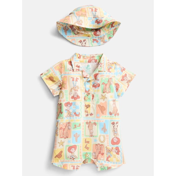 Toy Story Baby Boys' Print Cotton Romper and Bucket Hat Set, 2-Piece, Sizes 0/3M-24M