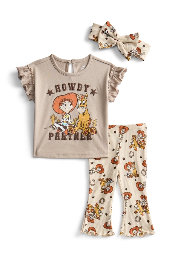 Toy Story Jessie Baby Girls Ruffle Graphic Top and Flare Leggings with Bow Headband Set, 3-Piece, Sizes 0/3M-24M