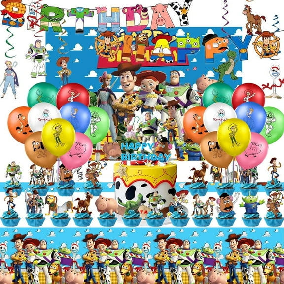 Toy Story Birthday Decorations, Include Happy Birthday Banner, Hanging Swirls, Cake Topper and Cupcake Toppers, Background Cloth, Tablecloth, Balloons for Kids Party