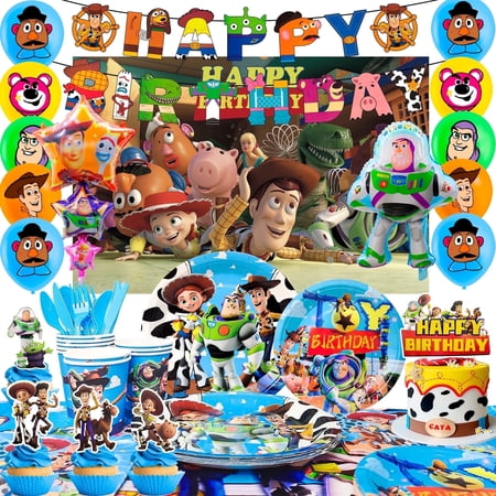 Toy Story Birthday Decorations Supplies,114pcs Toy Story Tableware Set-Toy Story Decorations Ballons Banner Backdrop&Toy Story Plates Napkins Tablecloth etc Toy Story Party Supplies
