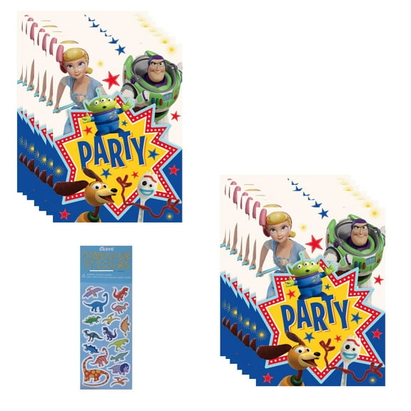 Toy Story Birthday Party Supplies Bundle includes 16 Party Invitations with Envelopoes and 1 Dinosaur Sticker Sheet