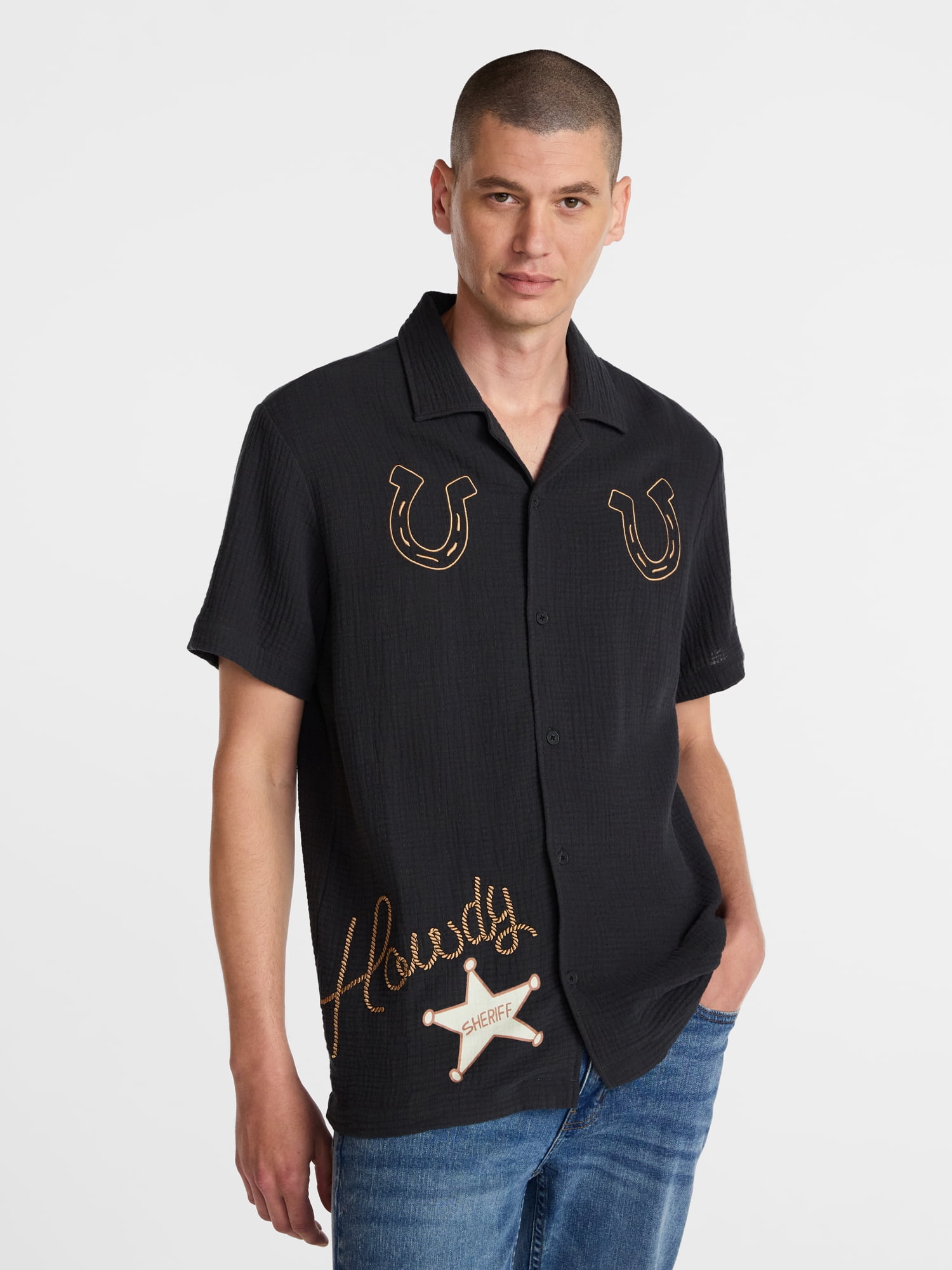 Disney Pixar Toy Story TS5 Men’s Woody and Bullseye Howdy Embroidered Button Up Shirt, Sizes S-3XL