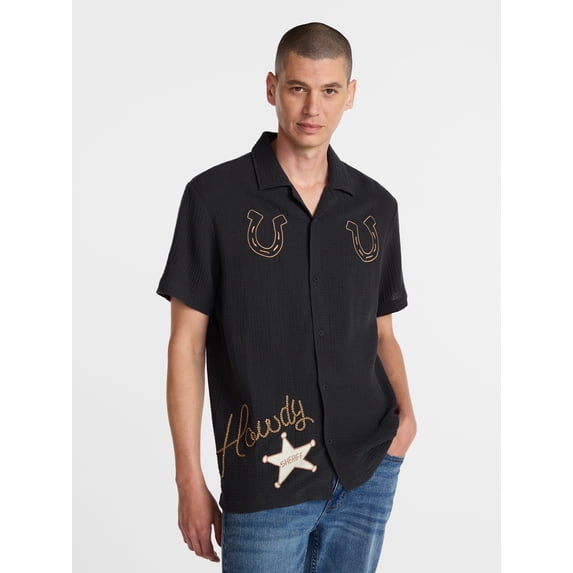 Disney Pixar Toy Story TS5 Men’s Woody and Bullseye Howdy Embroidered Button Up Shirt, Sizes S-3XL