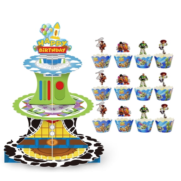 Toy Story Party Supplies Set, 3 Tier Toy Story Cake Stand with 12 Cupcake Wrappers & 12 Toy Story Cupcake Toppers, Toy Story Cake Holder Dessert for Cartoon Themed Party