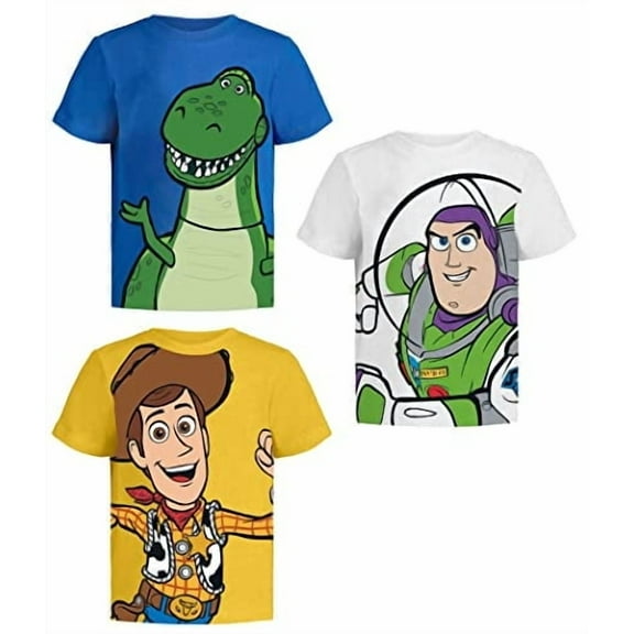 Disney Pixar Toy Story T-Shirts, Toddlers Boy Shirts Kids Clothes, Blue/White/Yellow, 3 Pack