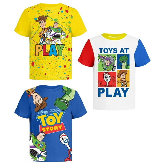 Disney Pixar Toy Story T-Shirts, Toddlers Boy Shirts Kids Clothes, Yellow/White/Blue, 3 Pack