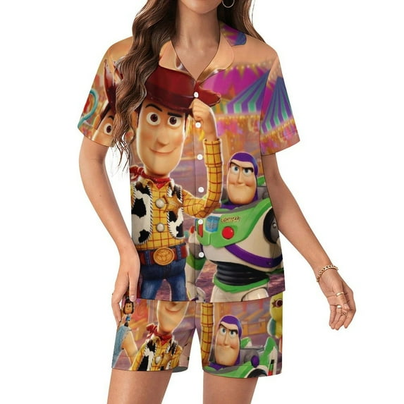 Toy Story Women Pajamas Set Short Sleeve Sleepwear Button Down Nightwear Soft Pjs Set with Pockets