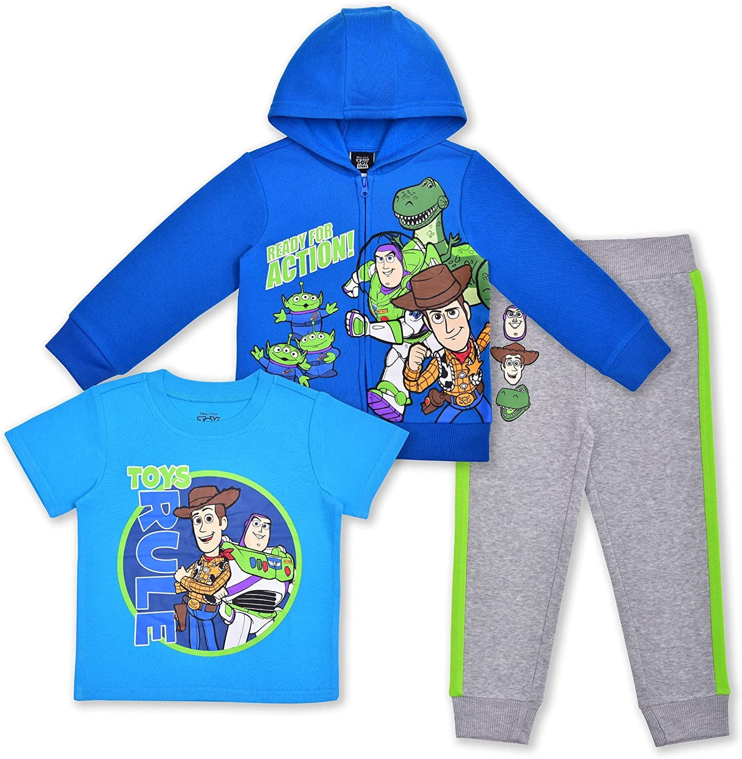 Toy Story Woody, Buzz Lightyear and Rex Boys 3 Piece Zip Up Hoodie Tee and Jogger Set, Toddler